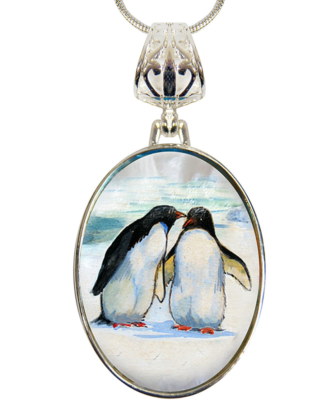 Penguins in Love Silver Plated Mother of Pearl Jewelry Pendant Necklace - 44033