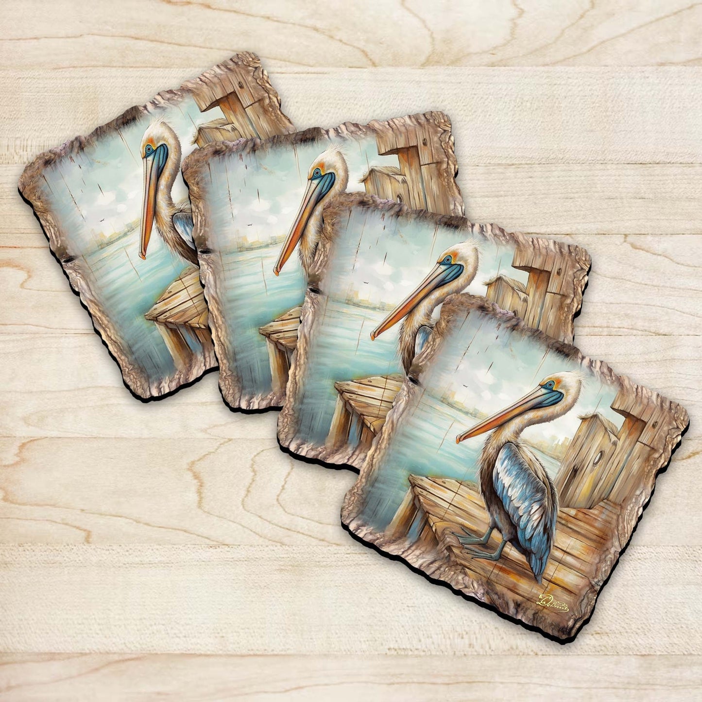 Pelican Wooden Cork Coasters Gift Set of 4 by Nature Wonders Coastal Nature Wildlife Decor  - 95388C-S4