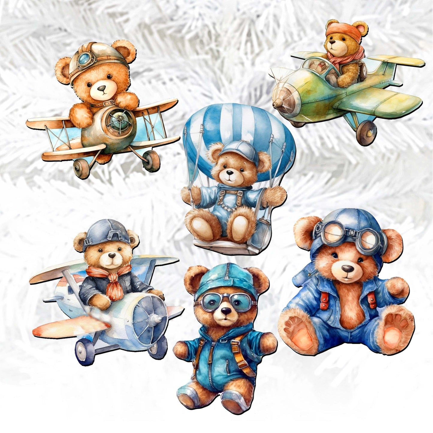 Aviator Teddy Bear Decorative Wooden Clip-on Ornaments of 6 by G. Debrekht - Christmas Decor - 8090010C-S6