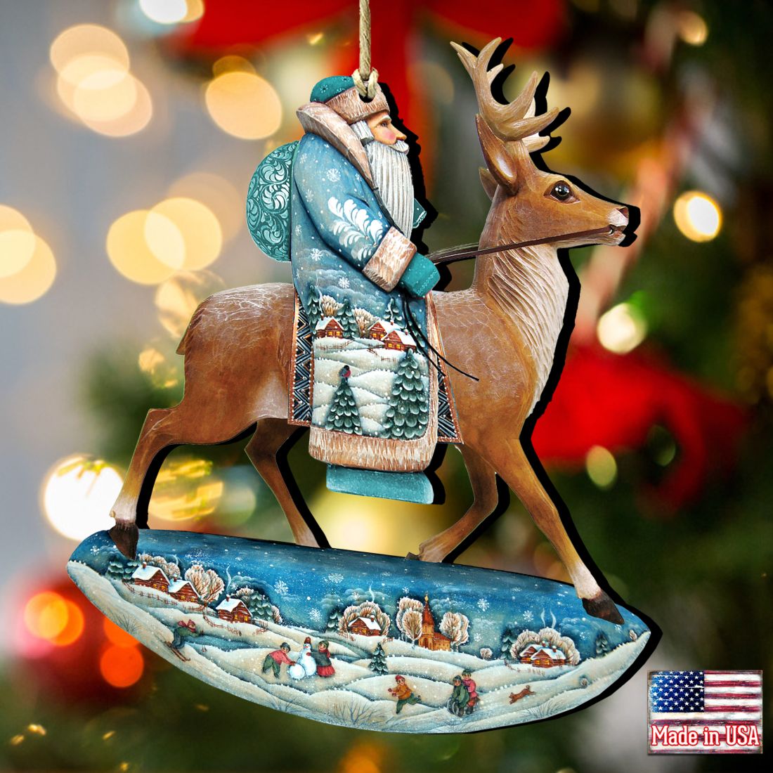 Reindeer Ride Santa Wooden Ornaments by G. DeBrekht - Christmas Santa Snowman Decor - 8151123