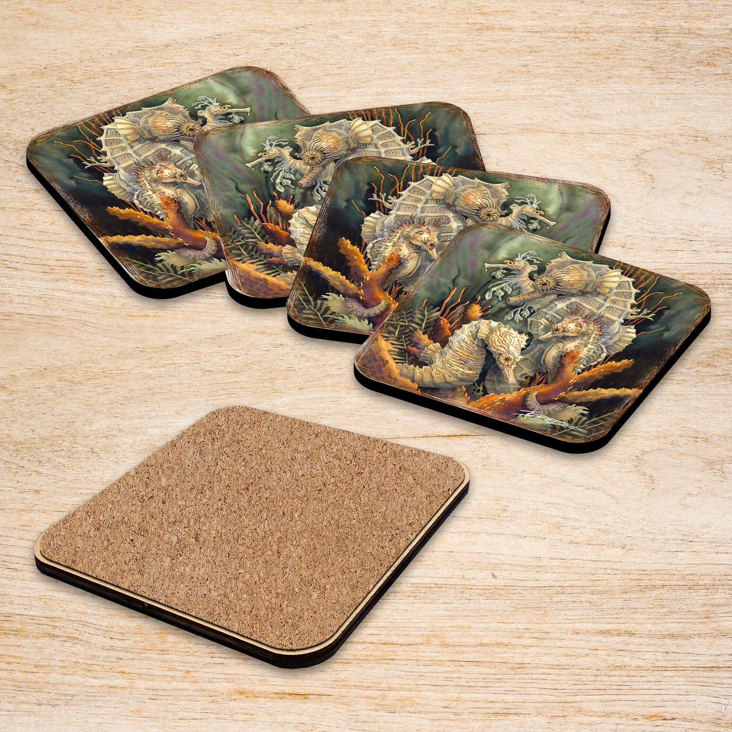 Seahorse Family Wooden Cork Coasters Gift Set of 4 by J. Bergsma - Coastal Decor  - 8199454C-S4
