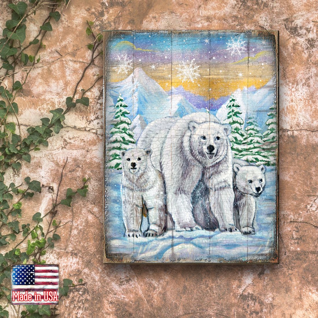 Polar Bears Art Wooden Wall Art by Nature Wonders - Nature Wildlife Decor  - 95215B