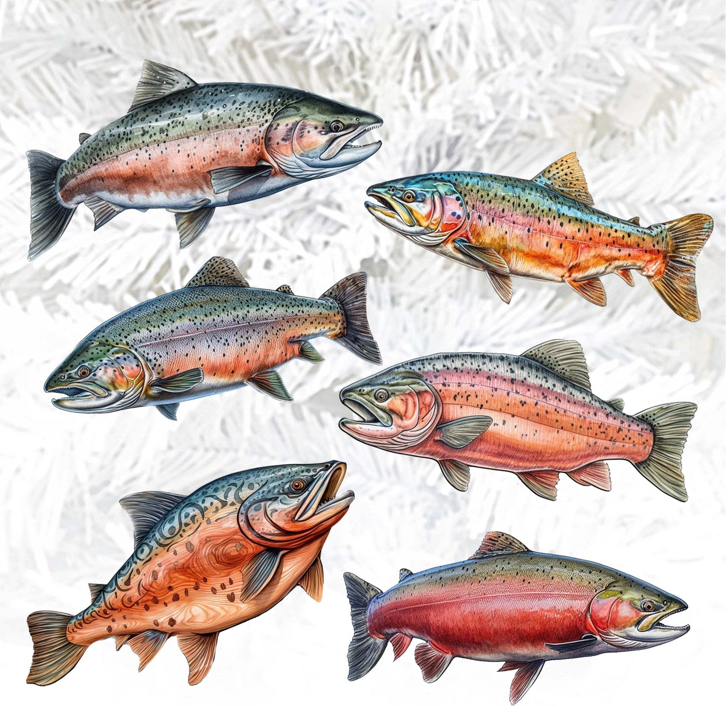 Wild Salmon Tales Decorative Wooden Clip-on Ornaments Set of 6 by G. Debrekht - Wildlife Decor - 8090109C-S6