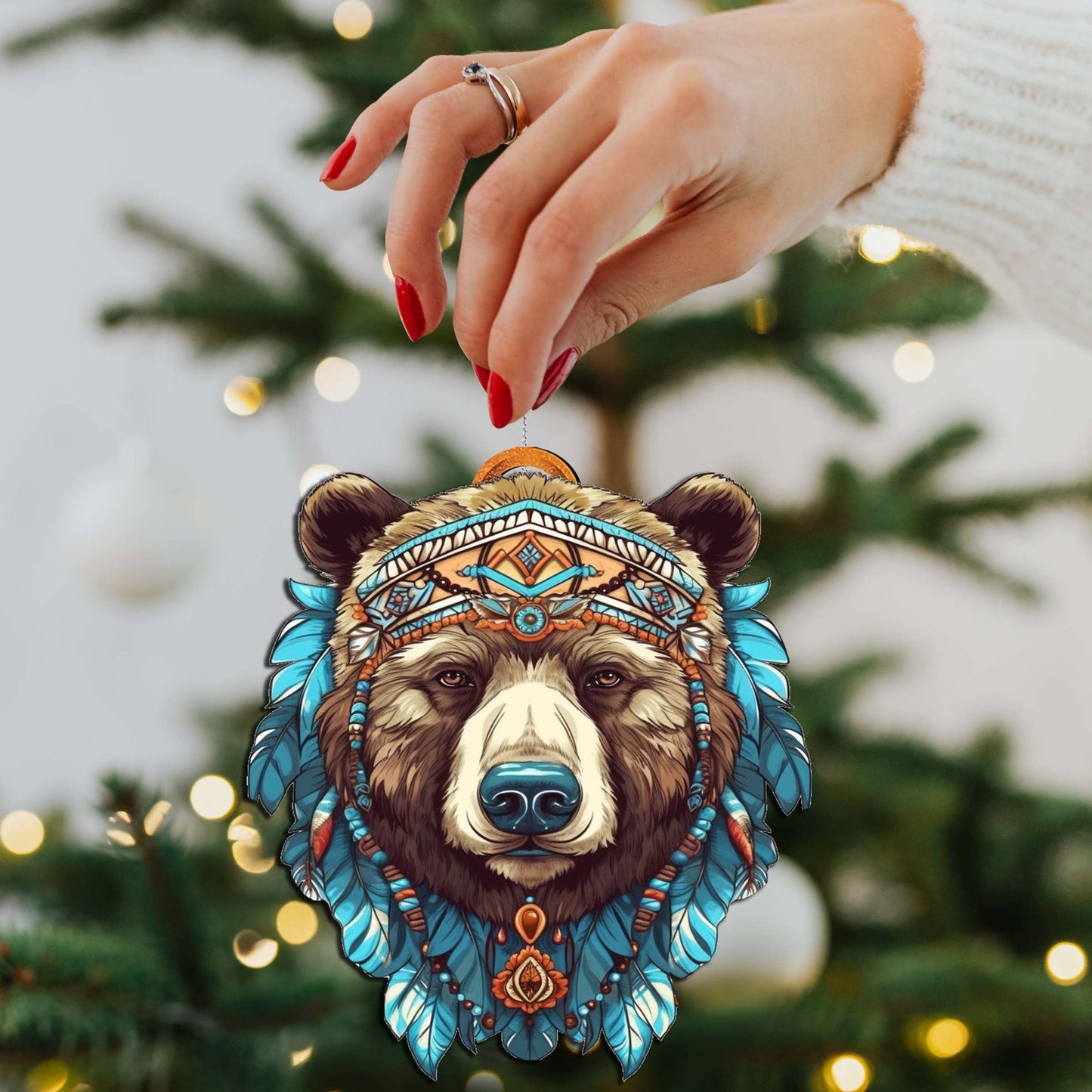 Mysterious Bear Face Wooden Ornaments by G.Debrekht - Wildlife Holiday Decor - 8710124-2