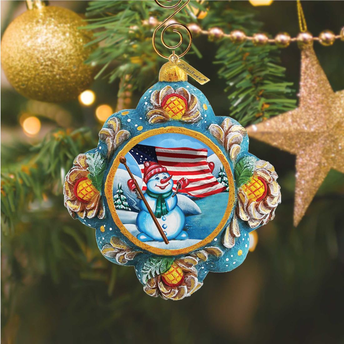 Patriotic Snowman Sculpted Hand-Painted Christmas Ornament by G. DeBrekht - American Christmas Decor - 6103404