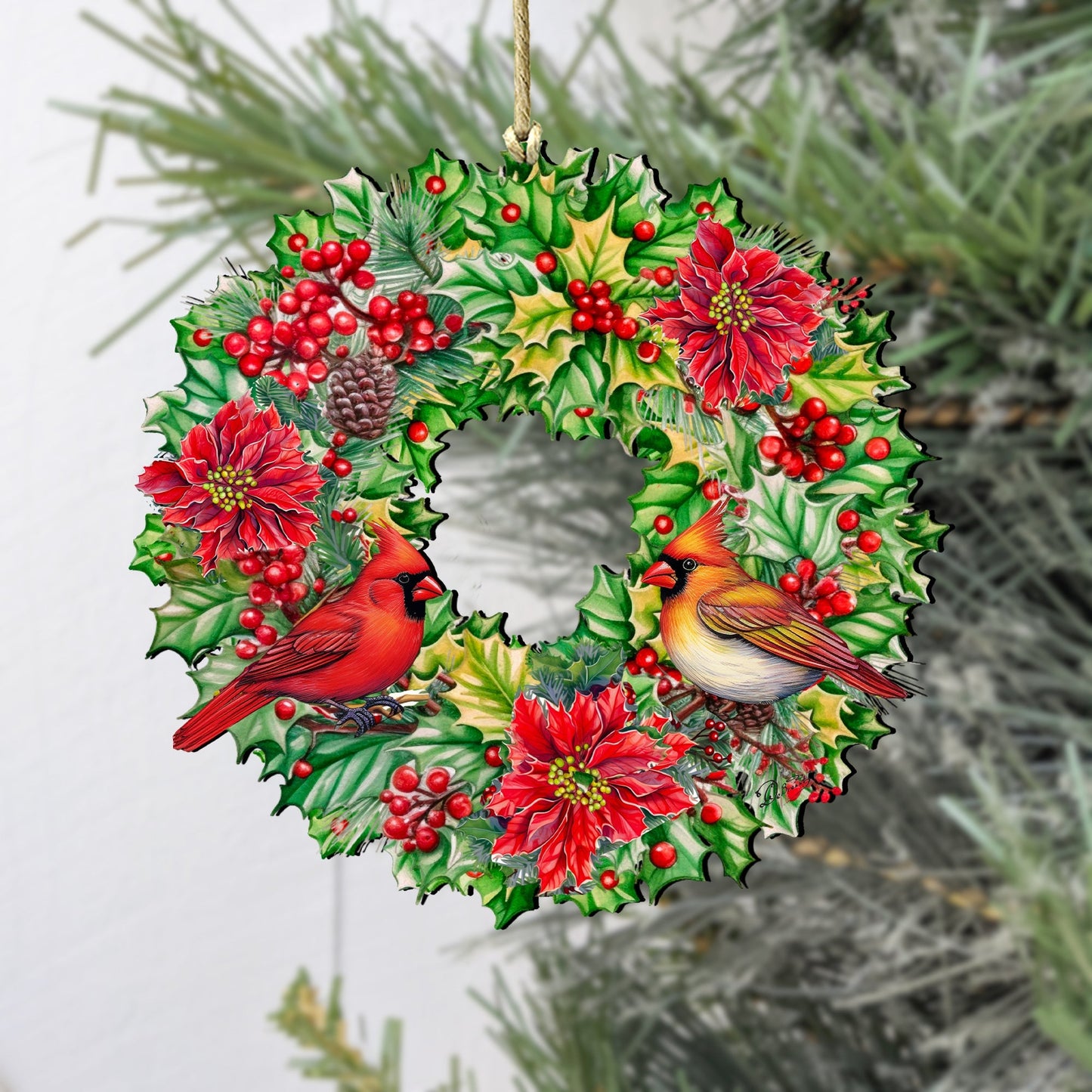 Holiday Cardinal Garland Wreath Wooden Ornaments by G. Debrekht Christmas Decor - 8611070