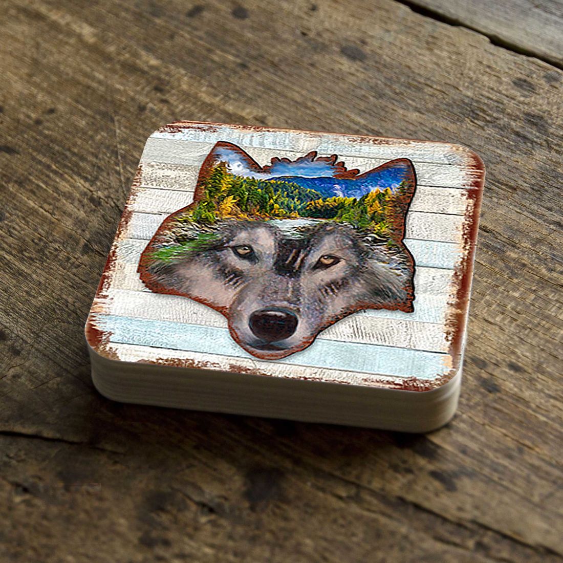 Wolf Face Wooden Cork Coasters Gift Set of 4 by Nature Wonders - Nature Wildlife Decor  - 8198227-4-9C-S4