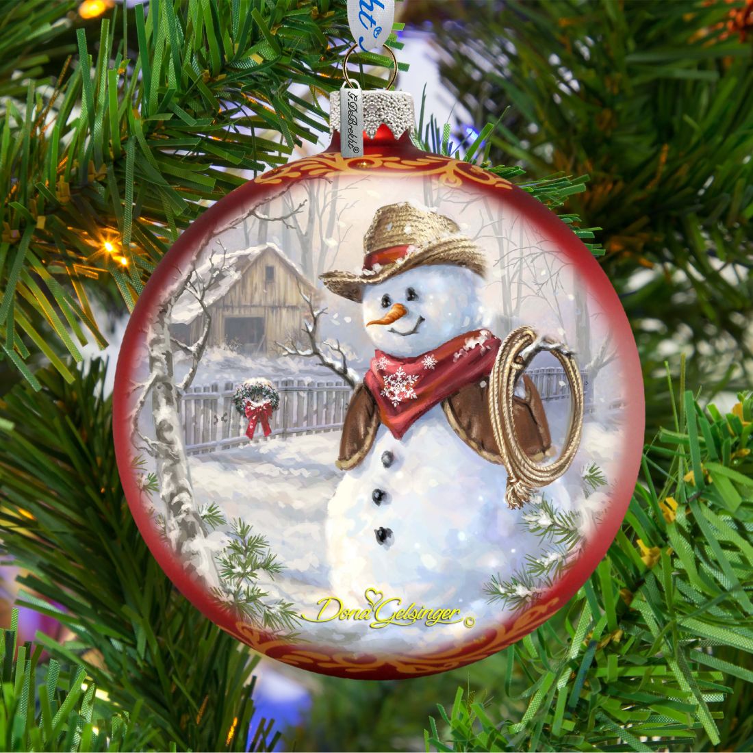 Cowboy Snowman Glass Ornament by D. Gelsinger - Christmas Santa Snowman Decor - 71115-2-1541