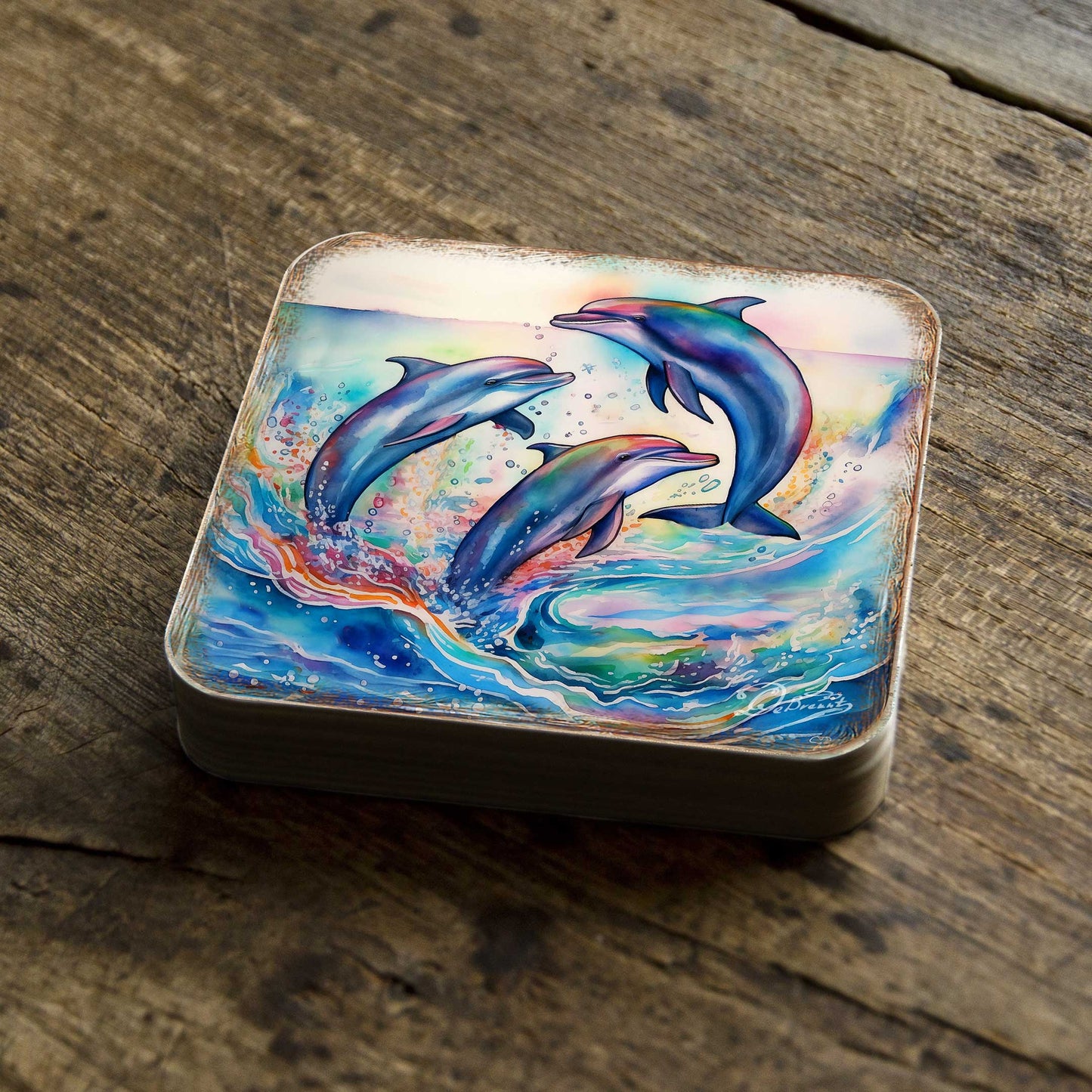 Dolphins Wooden Cork Coasters Gift Set of 4 by G. Debrekht - Coastal Holiday Decor  - 8199450-3C-S4