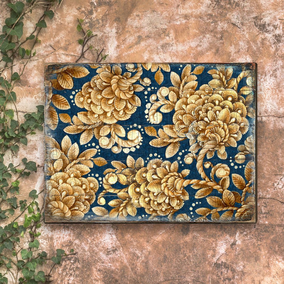 Gold Floral Art on Navy Blue Rustic Wooden Wall Art by G. DeBrekht - Floral Ornamental Decor - 95014B