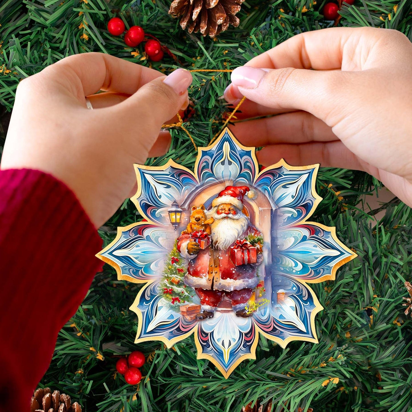 Santa with Gifts Snowflake Wooden Ornaments by G. Debrekht - Christmas Santa Snowman Decor - 8688421