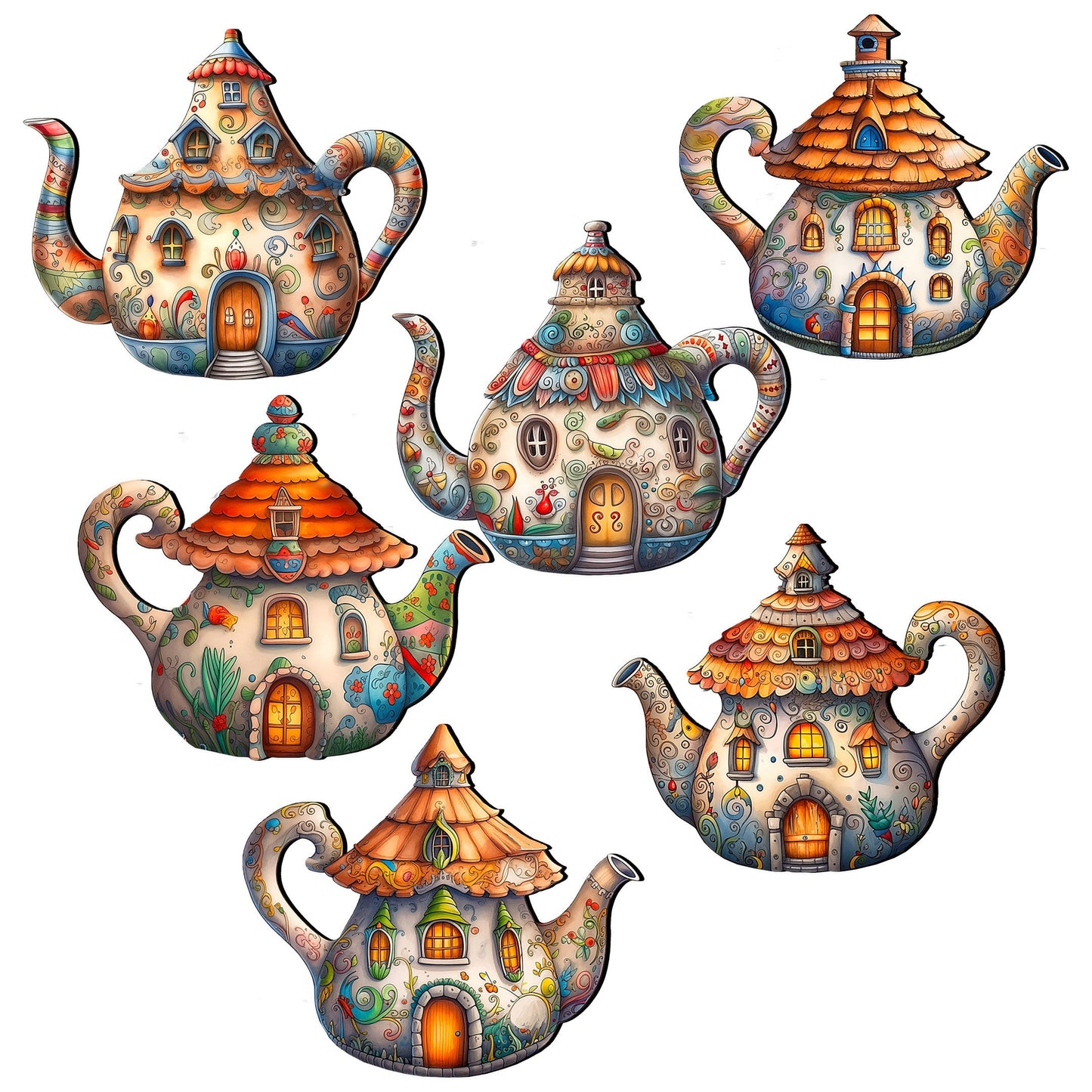 Teapots Decorative Wooden Magnets Set of 6 by G. Debrekht - Love Family Decor - 8090072G-S6
