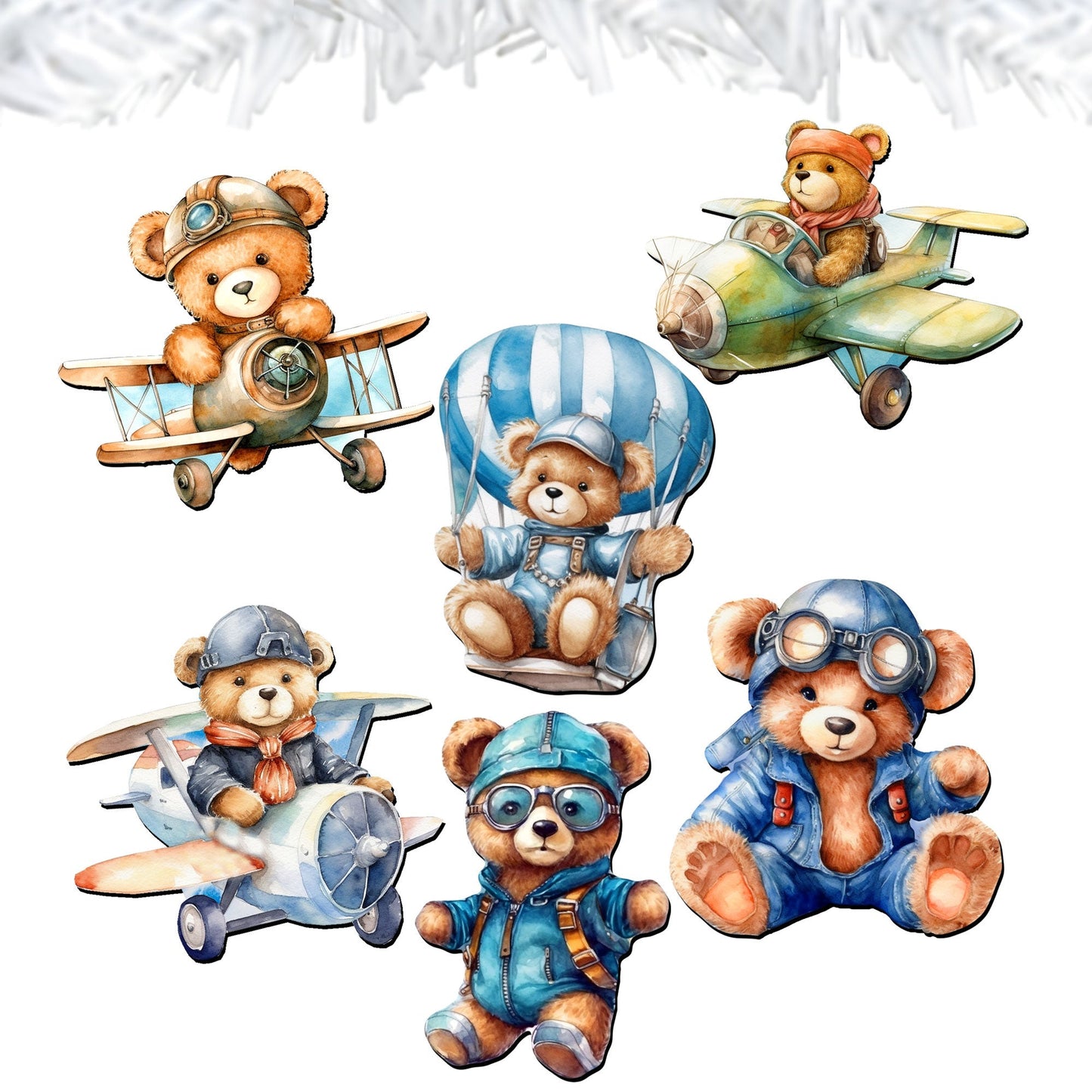 Aviator Teddy Bear Decorative Wooden Clip-on Ornaments of 6 by G. Debrekht - Christmas Decor - 8090010C-S6