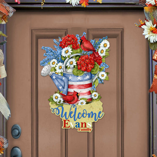 Personalized Custom Front Door Sign Patriotic Decoration with American Watering Can Family Name Welcome Sign Handmade Gift Rustic Adornment for Wooden Front Porch Decor by Susan Winget - 8471212HC-SW