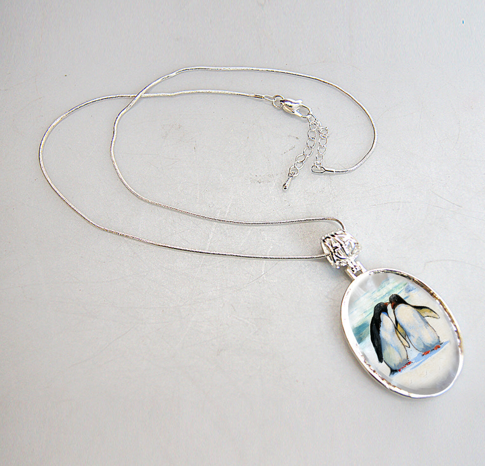 Penguins in Love Silver Plated Mother of Pearl Jewelry Pendant Necklace - 44033