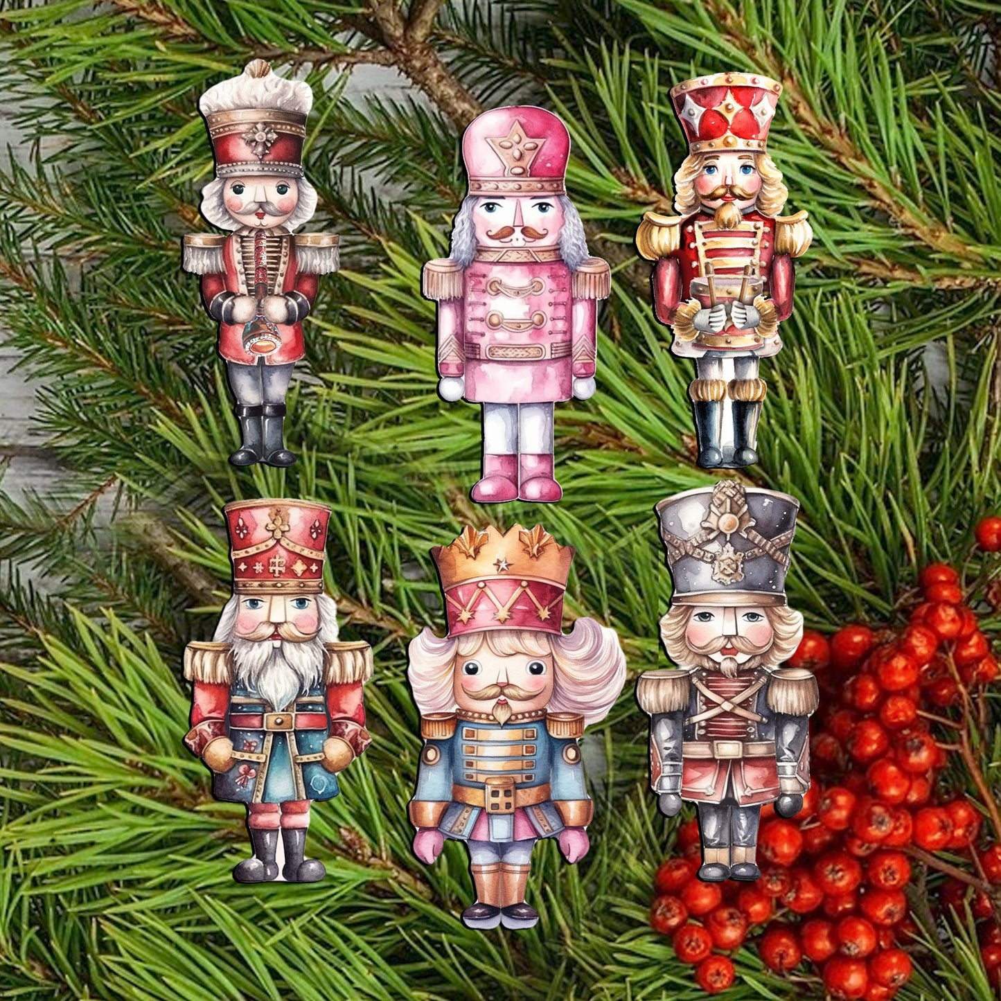 Nutcrackers Decorative Wooden Clip-on Ornaments of 6 by G. Debrekht - Christmas Decor - 8090008C-S6