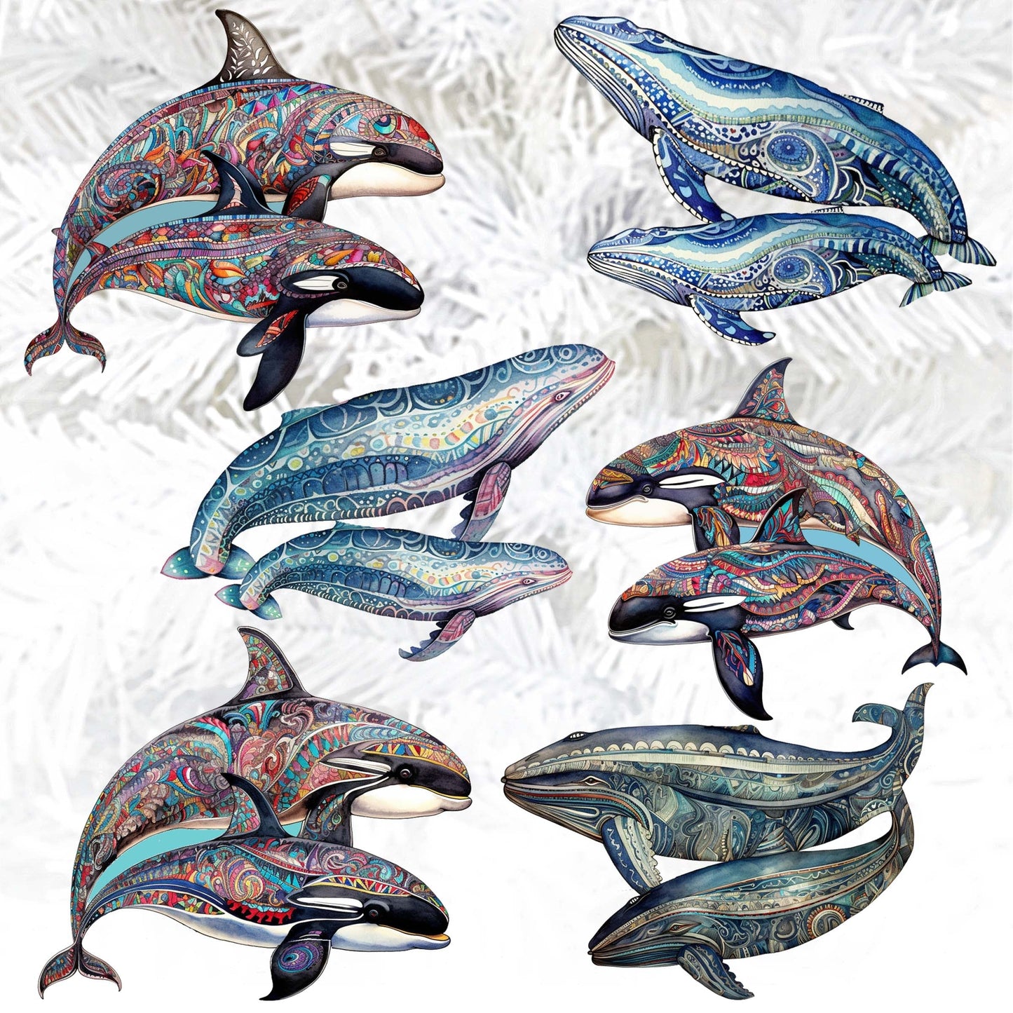 Embracing Whales Decorative Wooden Clip-on Ornaments Set of 6 by G. Debrekht - Wildlife Decor - 8090107C-S6