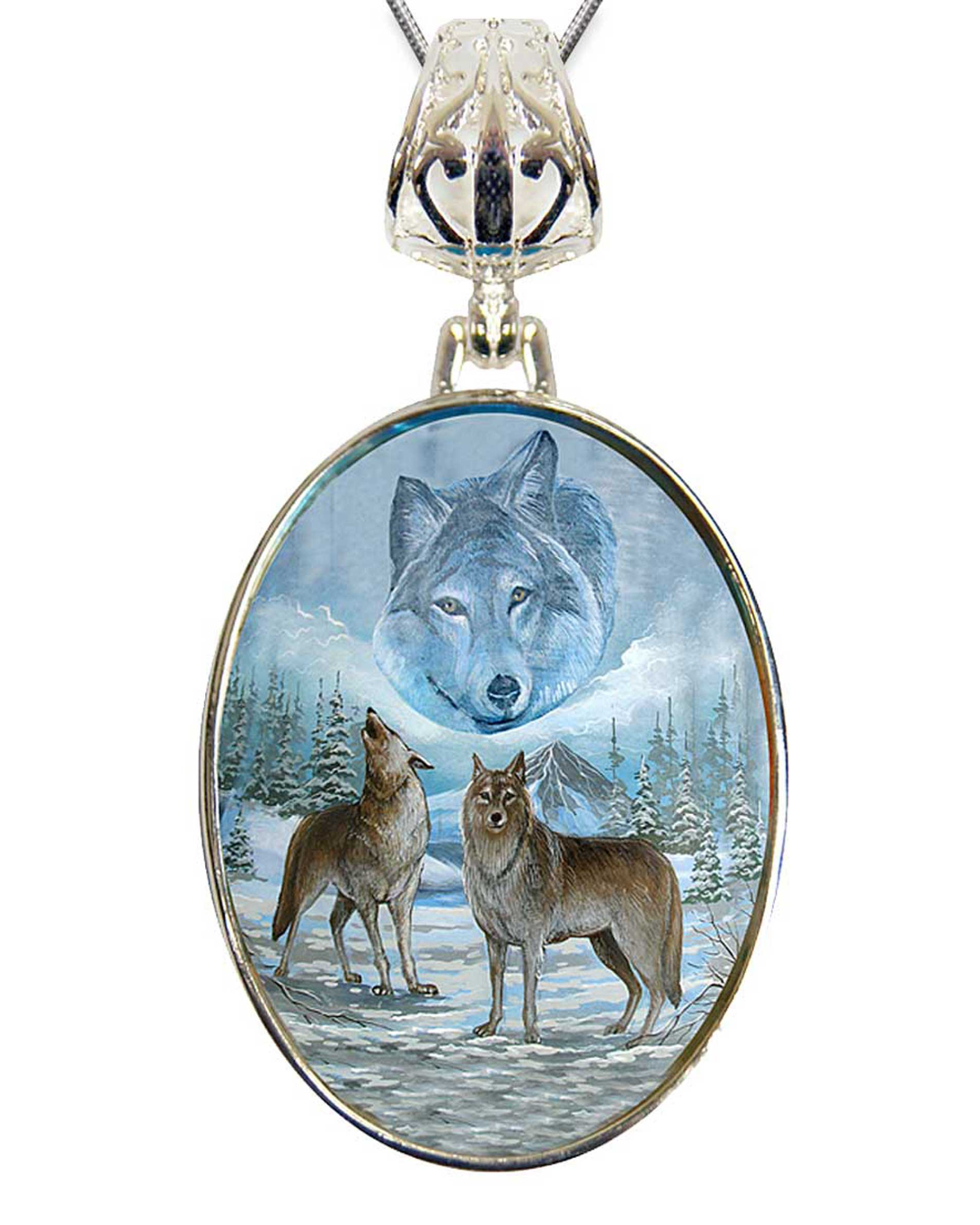 Sky Wolves Howling Silver Plated Mother of Pearl Jewelry Pendant Necklace - 44035