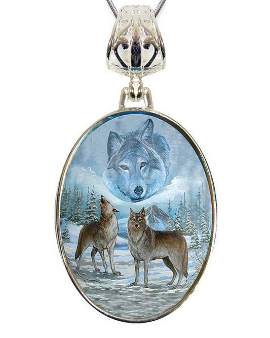 Sky Wolves Howling Silver Plated Mother of Pearl Jewelry Pendant Necklace - 44035