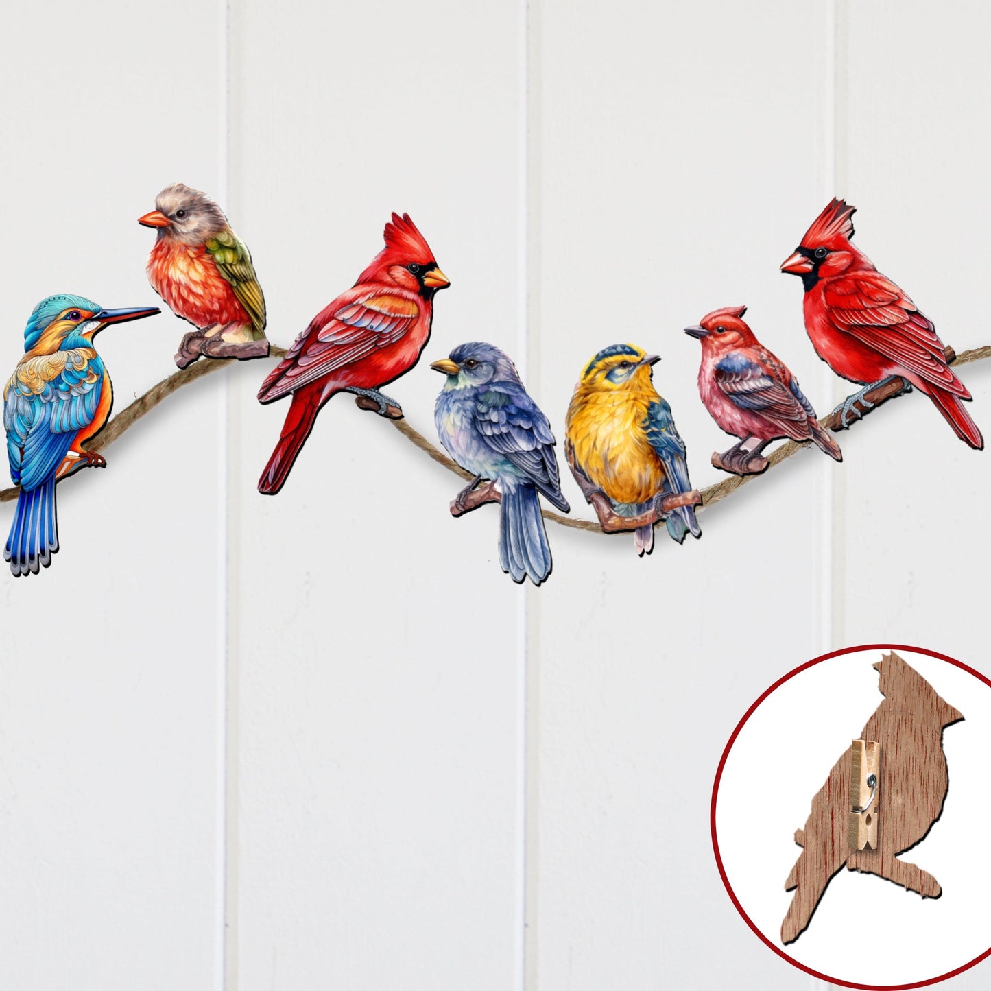 Winter Birds Decorative Wooden Clip-on Ornaments of 6 by G. Debrekht - Christmas Decor - 8090005C-S6