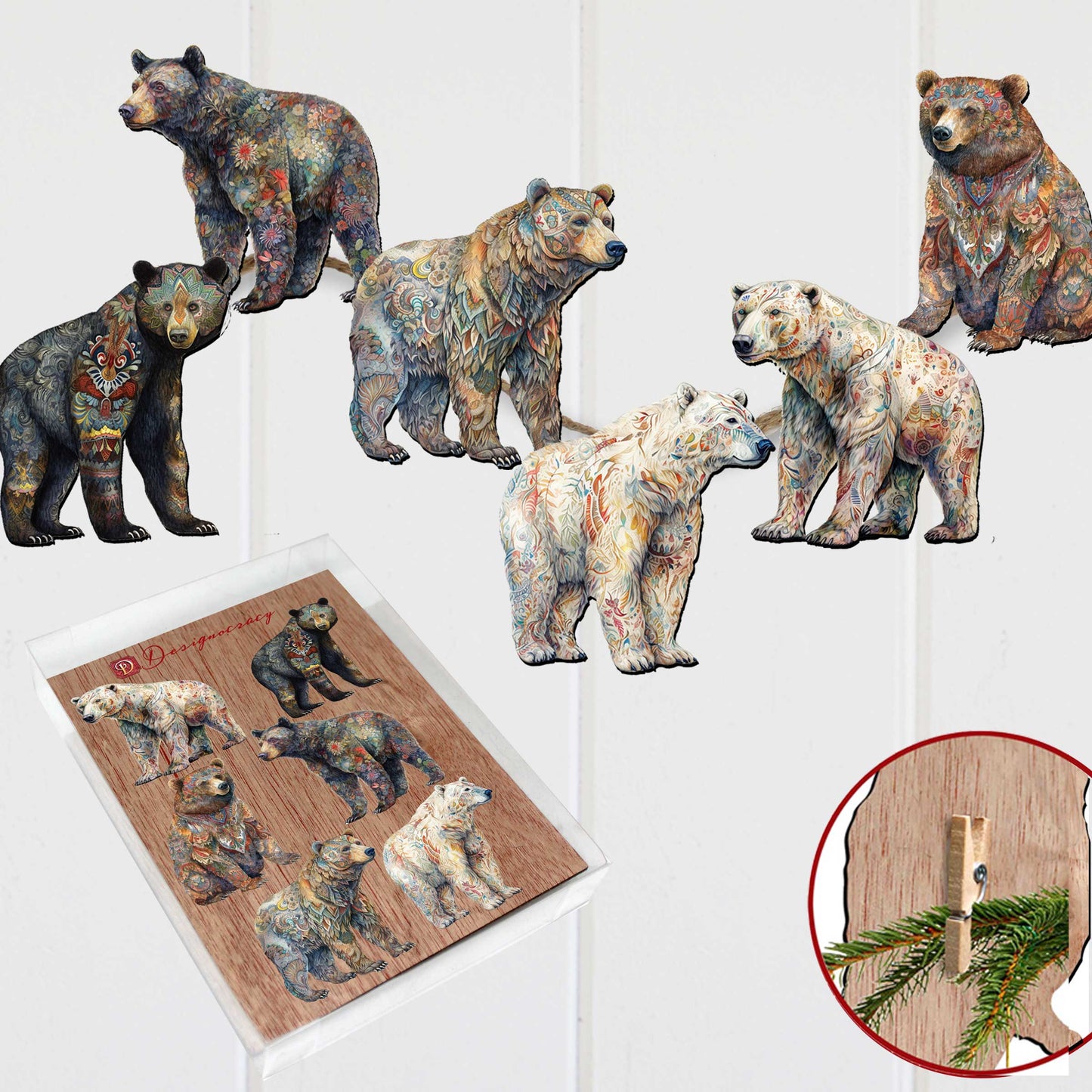 Bear Parade Decorative Wooden Clip-on Ornaments Set of 6 by G. Debrekht - Wildlife Decor - 8090106C-S6