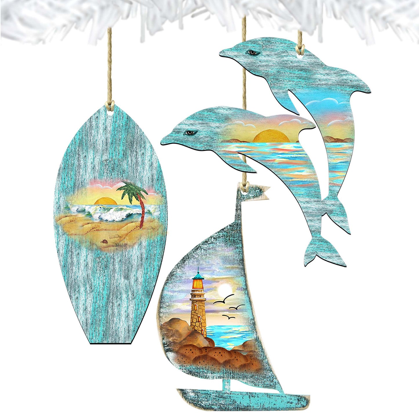 Coastal Wooden Ornaments Surfboard, Sailboat, Dolphins Set of 3 by G. DeBrekht - Coastal Holiday Décor - 8100048S3