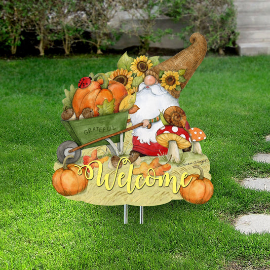 Outdoor Garden Stakes Fall Decoration - Harvest Gnome Welcome Sign - Wheelbarrow Cornucopia - Handmade Gift - Autumn Adornment - Wooden Ornament by Susan Winget - 8471207M-SW
