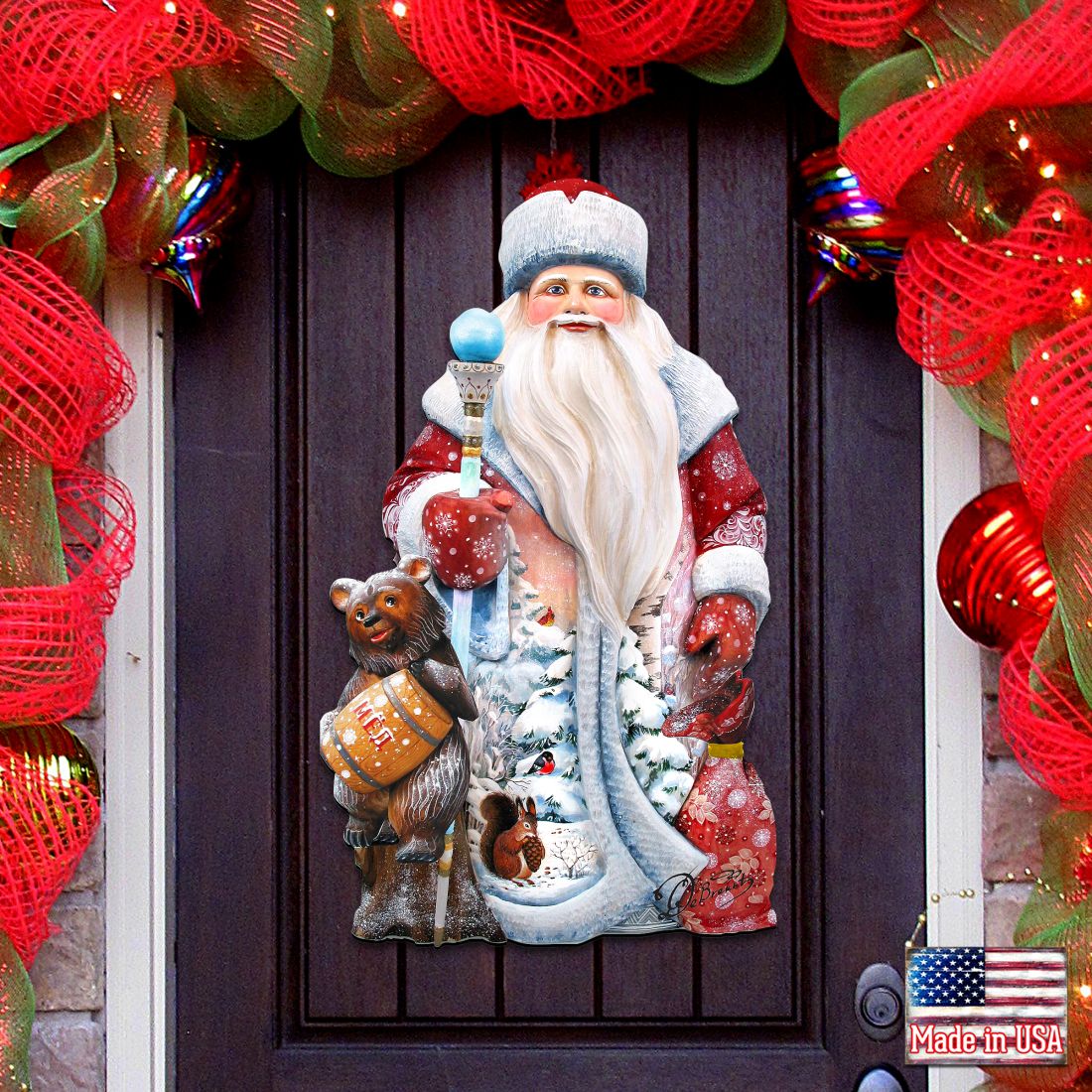 Santa and a Honey Bear Door Decor by G. DeBrekht - Christmas Santa Snowman Decor - 8128811H