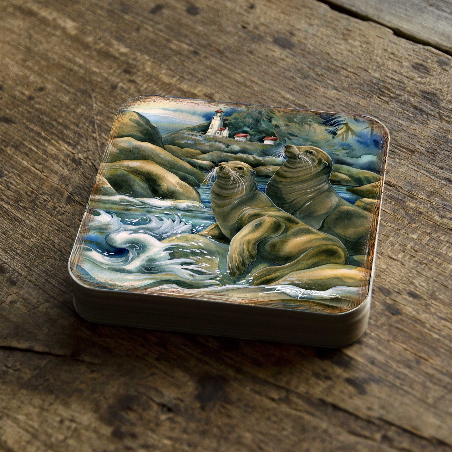 Lions of the Sea Wooden Cork Coasters Gift Set of 4 by J. Bergsma - Coastal Wildlife Decor  - 8199466C-S4