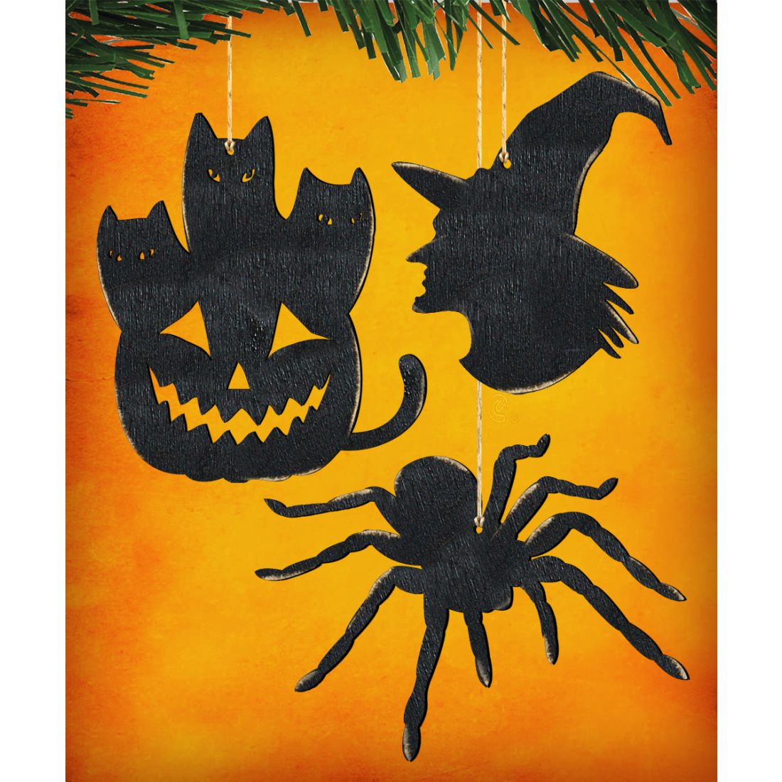 Halloween Wooden Ornaments-Pumpkin, Witch Hat, Spider-Set of 3 - Thanksgiving Halloween Decor - 8100186S3