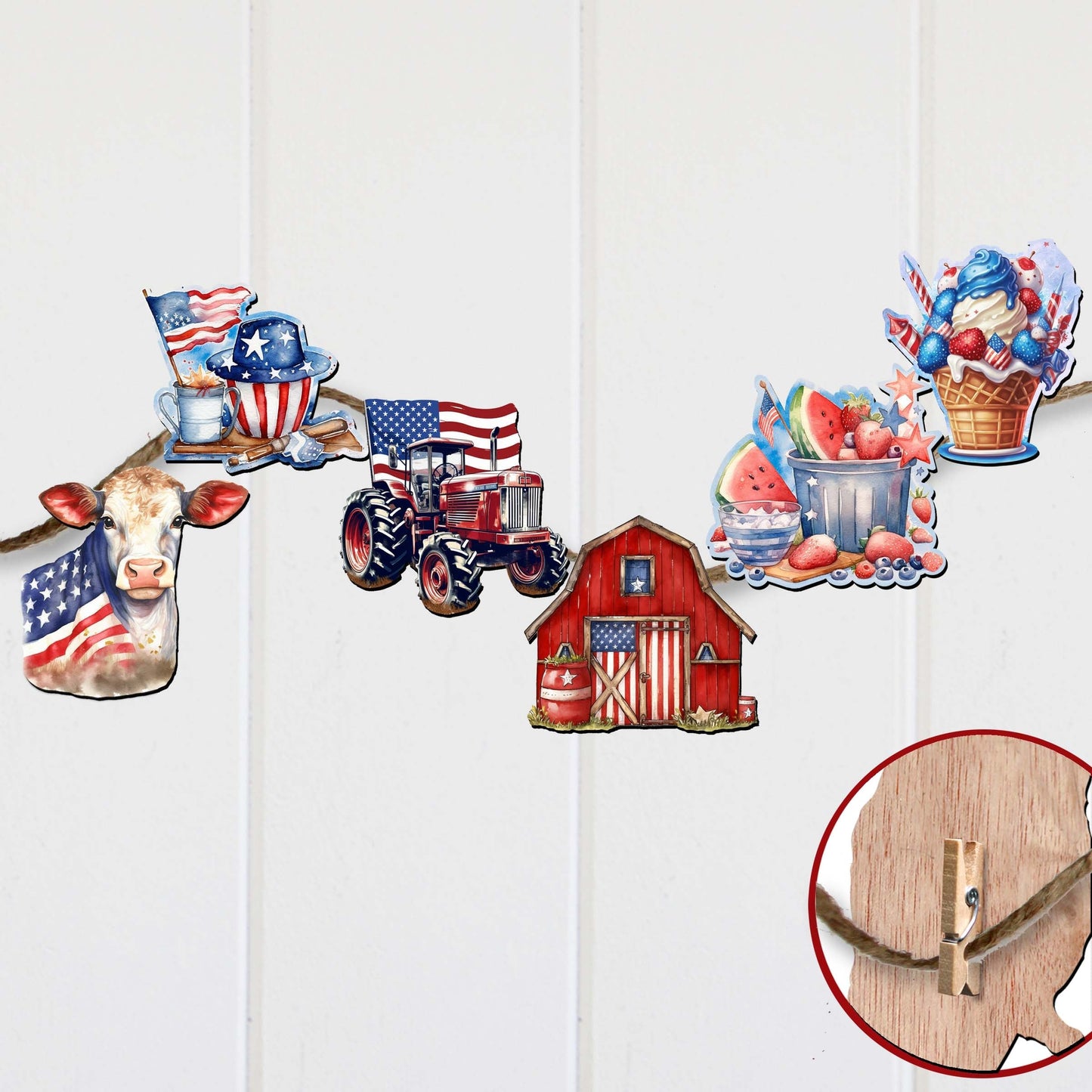 American Farmhouse Decorative Wooden Clip-on Ornaments of 6 by G. Debrekht - Patriotic Decor - 8090001C-S6