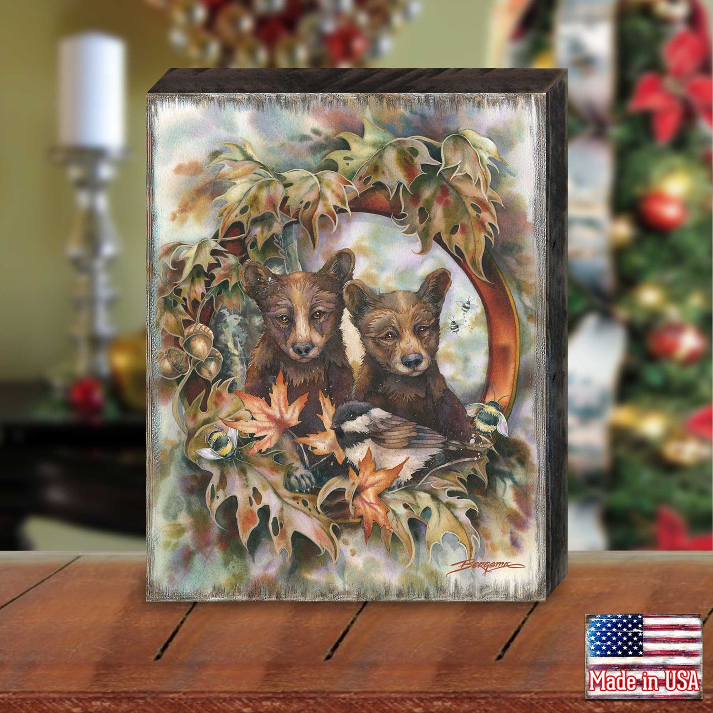 Simple Joys Black Bear Cubs Bees Wooden Wall Art by J. Bergsma - Nature Wildlife Decor - 85922850B-JB