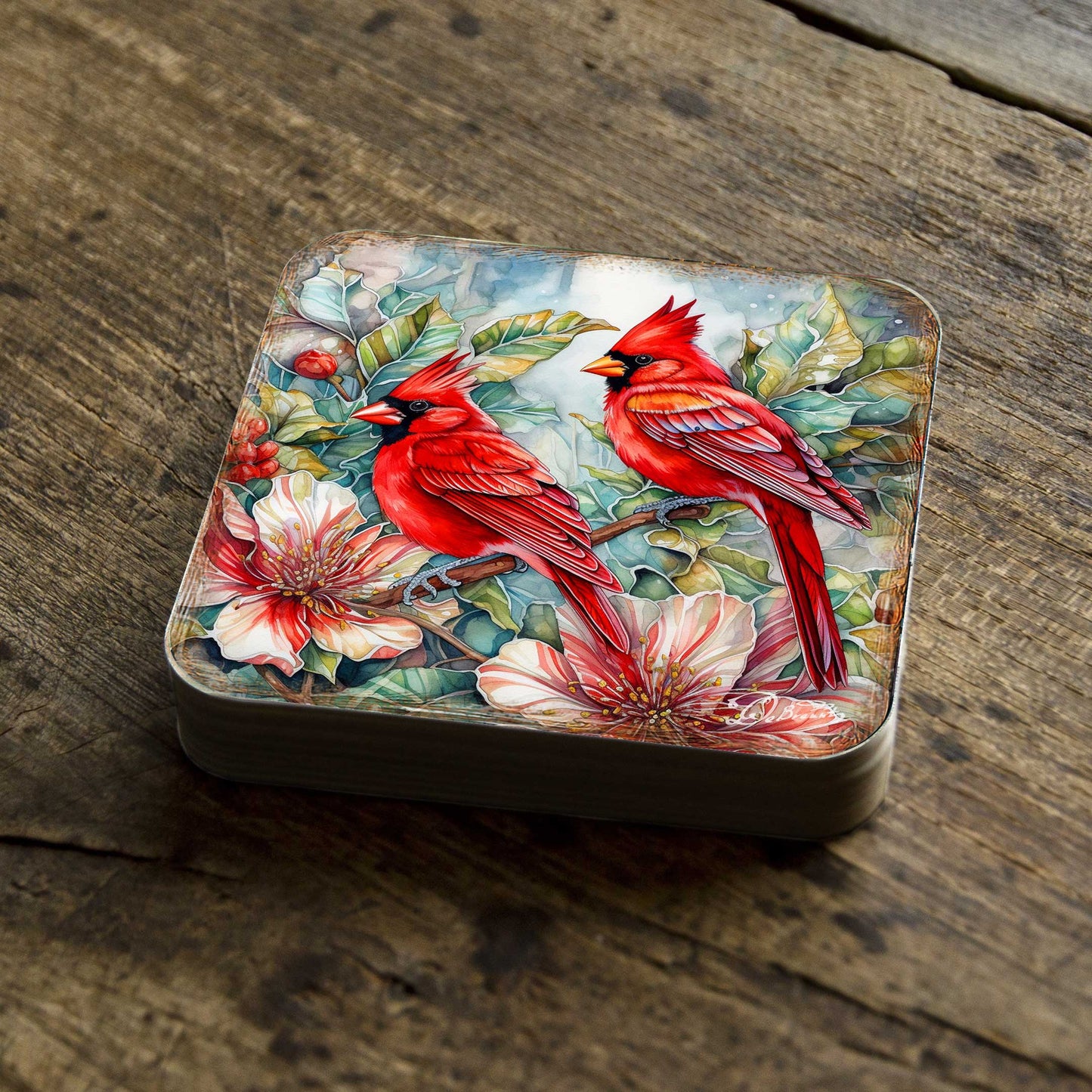 Red Cardinals Wooden Cork Coasters Gift Set of 4 by G. Debrekht - Wildlife Decor  - 8199452C-S4