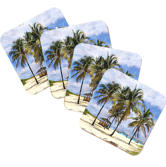 Palm Trees Beach Coastal Wooden Cork Coasters Gift Set of 4 by Nature Wonders - Coastal Sea-Life Decor - 95258C-S4
