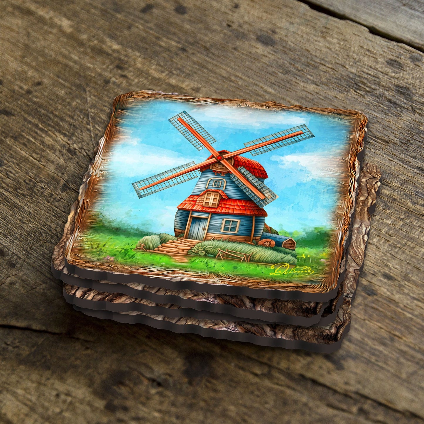 Windmills Wooden Cork Coasters Gift Set of 4 by Nature Wonders - Nature Wildlife Decor  - 95406C-S4