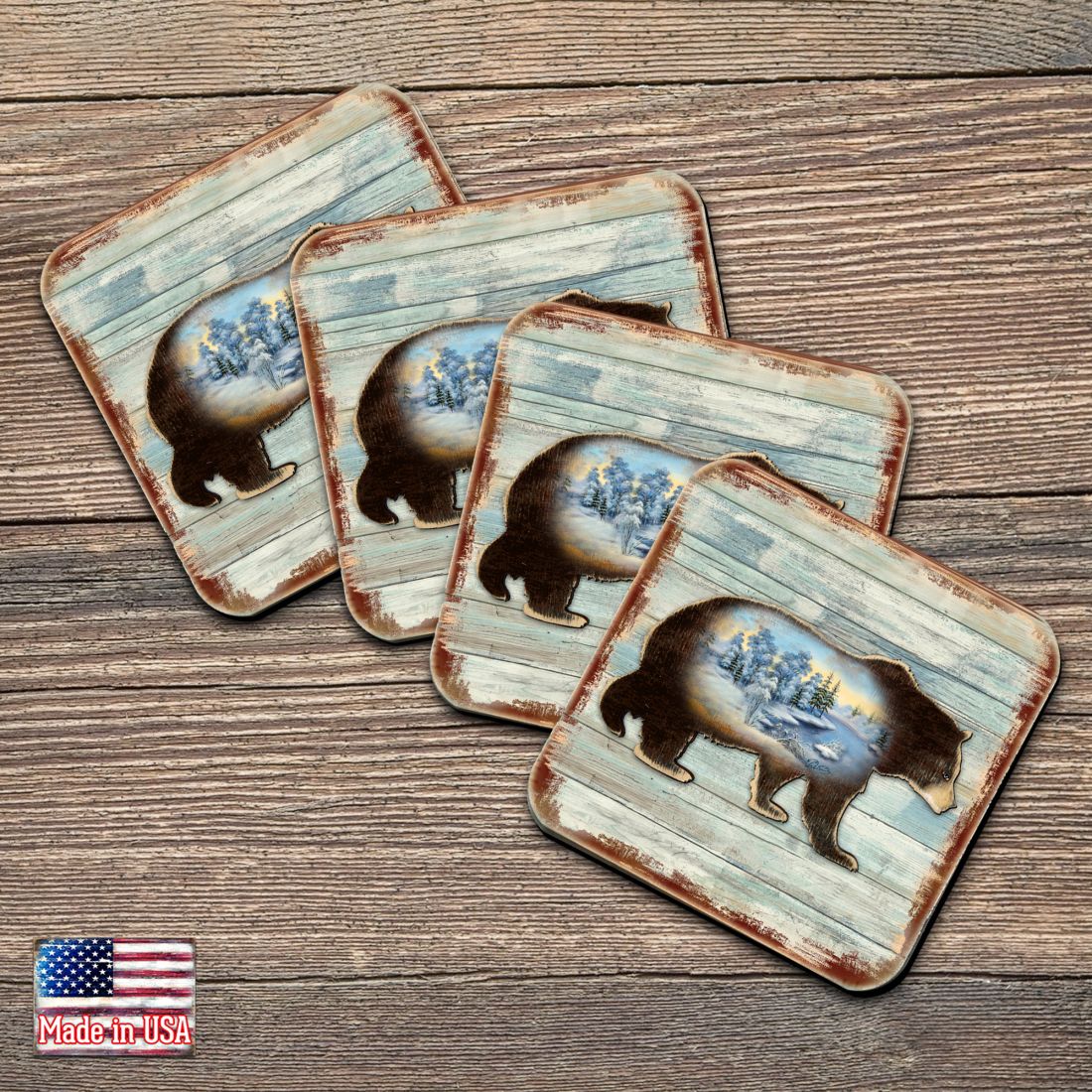 Bear Wooden Cork Coasters Gift Set of 4 by Nature Wonders - Nature Wildlife Decor  - 8198215-9C-S4
