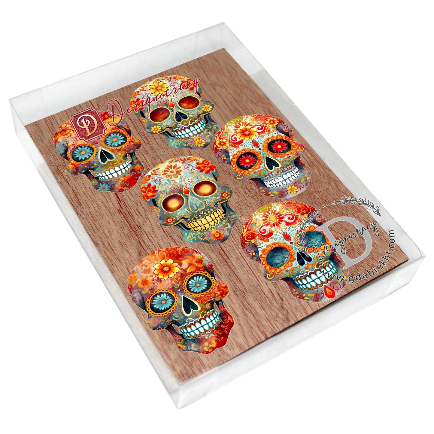 Sugar Skulls Decorative Wooden Clip-on Ornaments of 6 by G. Debrekht - Halloween Decor - 8090071C-S6