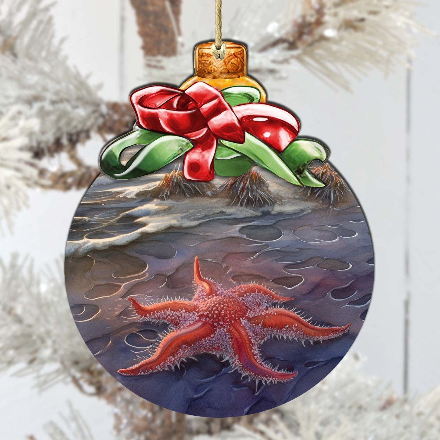 Red Sunflower Sea Star Wooden Ornaments by G.Debrekht - Wildlife Holiday Decor - 870019