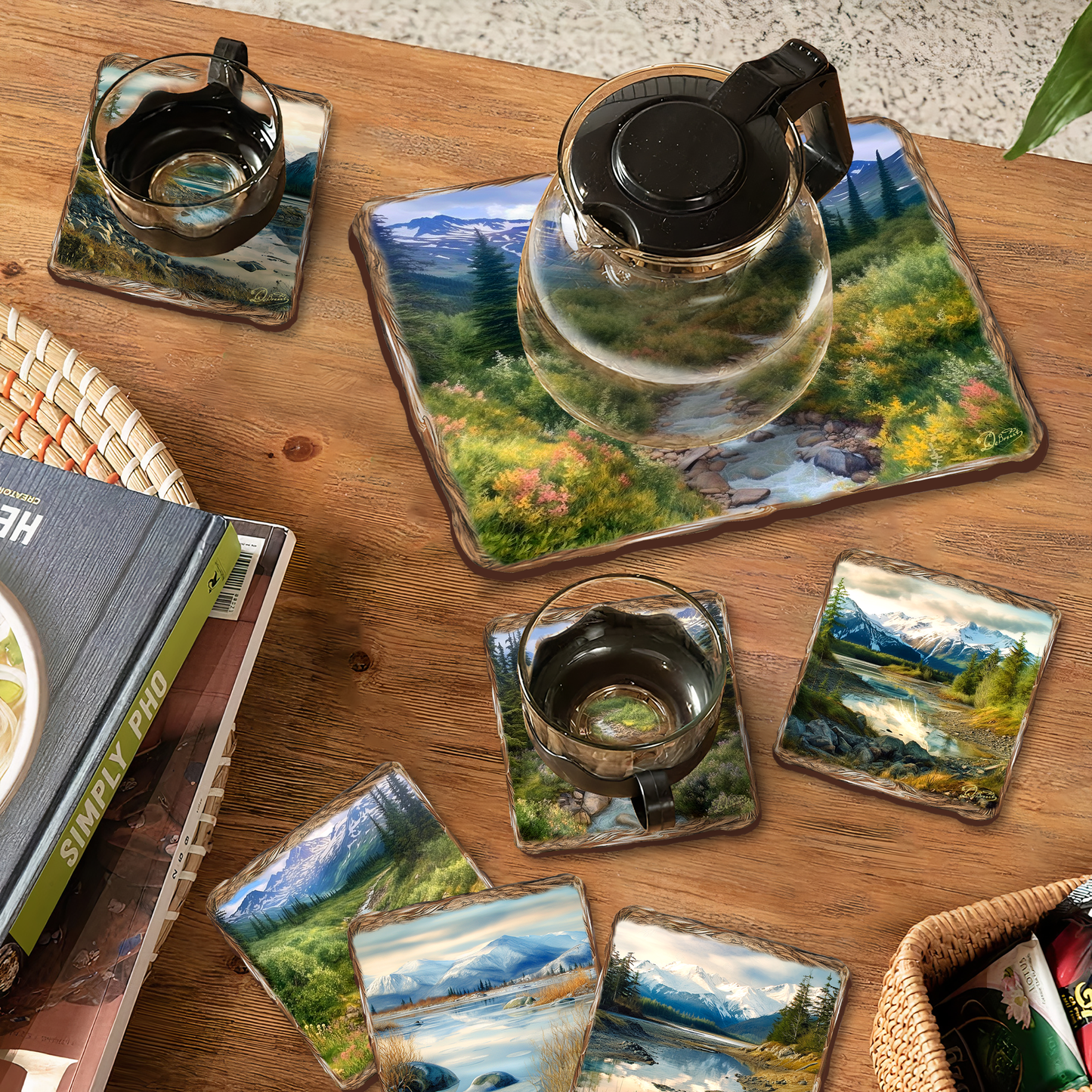 Mountain River Wooden Cork Placemat and Coasters Gift Set of 7 by Nature Wonders Nature Wildlife Decor  - 85407C-S7