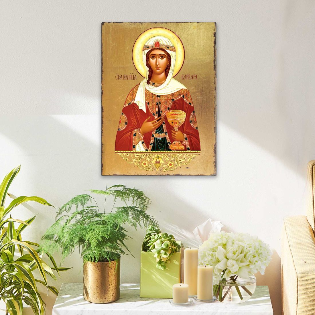 Saint Barbara Wooden Gold Plated Religious Orthodox Sacred Icon - Inspirational Icon Decor - 85038