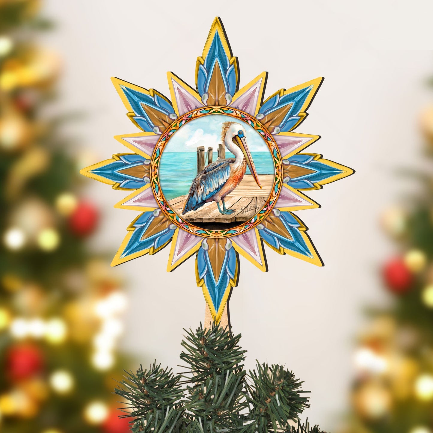 Coastal Pelican Star Tree Topper Wooden Decor by G. Debrekht - Wildlife Holiday Decor - 89514