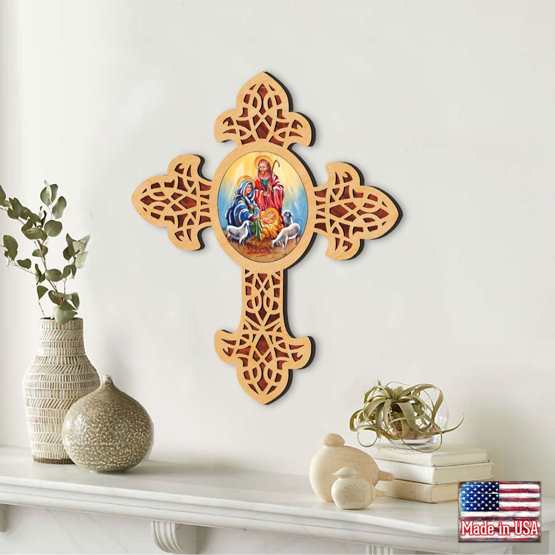Holy Family Pointy Wooden Cross by Museum Icons - Inspirational Icon Decor - 88350
