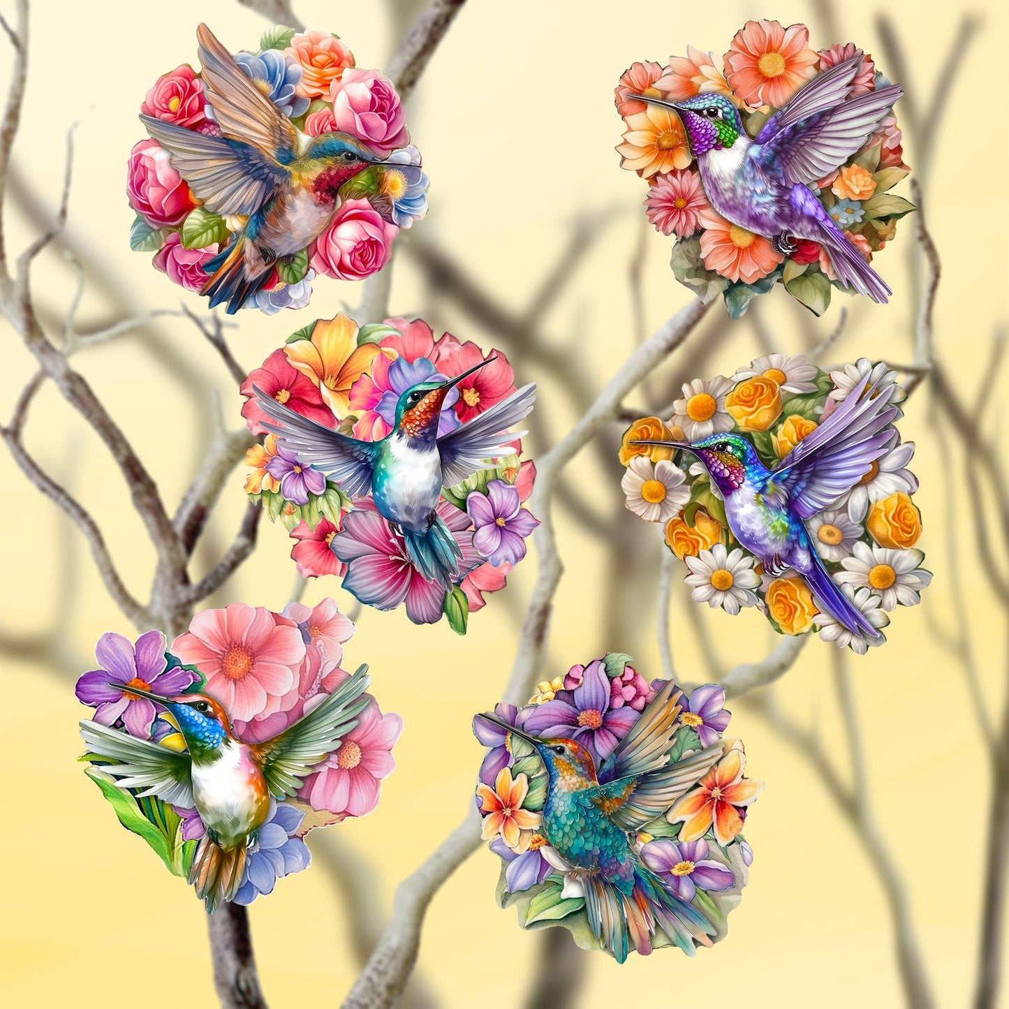 Hummingbirds Decorative Wooden Clip-on Ornaments Set of 6 by G. Debrekht - Easter Spring Decor - 8090140C-S6