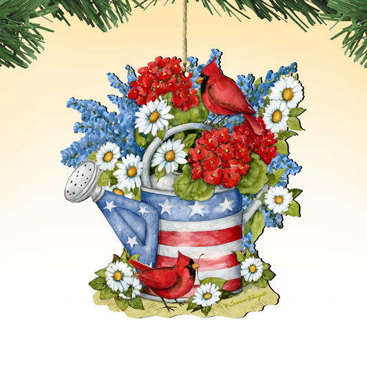 Patriotic Decoration American Watering Can - Flowerpot Ornament - Handmade Gift Rustic Adornment - Wooden Ornament by Susan Winget - 8471212-SW