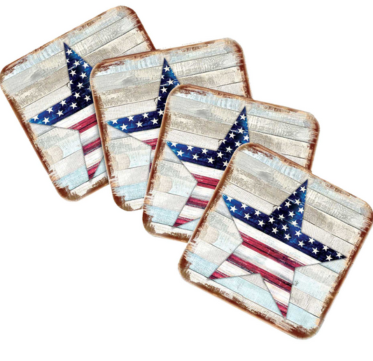 American Star Wooden Cork Coasters Gift Set of 4 by Nature Wonders - American Patriotic Decor - 8198917C-S4