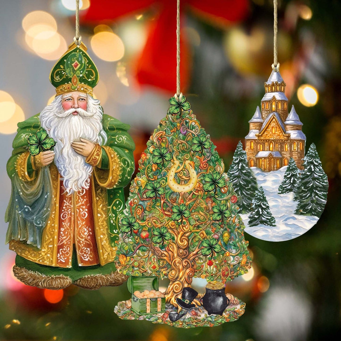 Santas Around the World - Irish Inspired Santa - Wooden Ornaments Set of 3 by G. DeBrekht Christmas Santa Snowman Decor - 8091306S3