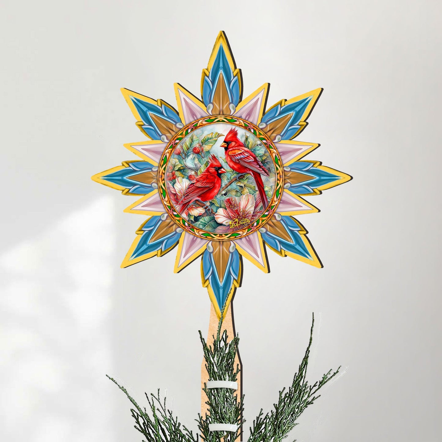 Christmas Cardinals Star Tree Topper Wooden Decor by G. Debrekht - Wildlife Holiday Decor - 89510