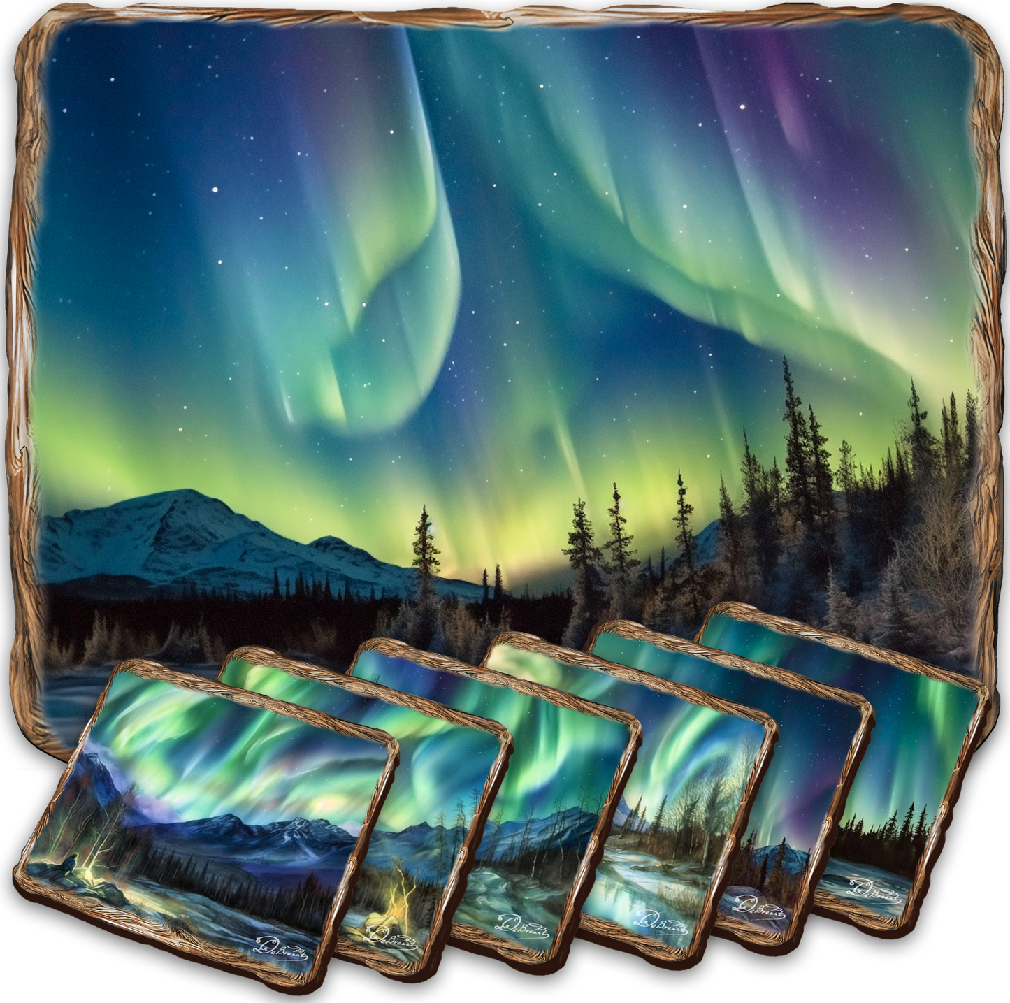 Northern Lights Wooden Cork Placemat and Coasters Gift Set of 7 by Nature Wonders Nature Wildlife Decor  - 85401C-S7