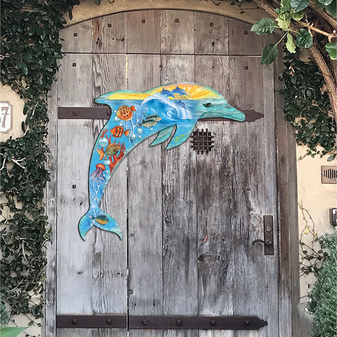 Sea Creatures Dolphin Coastal Door Decor by G. DeBrekht - Coastal Holiday Decor - 81985192H