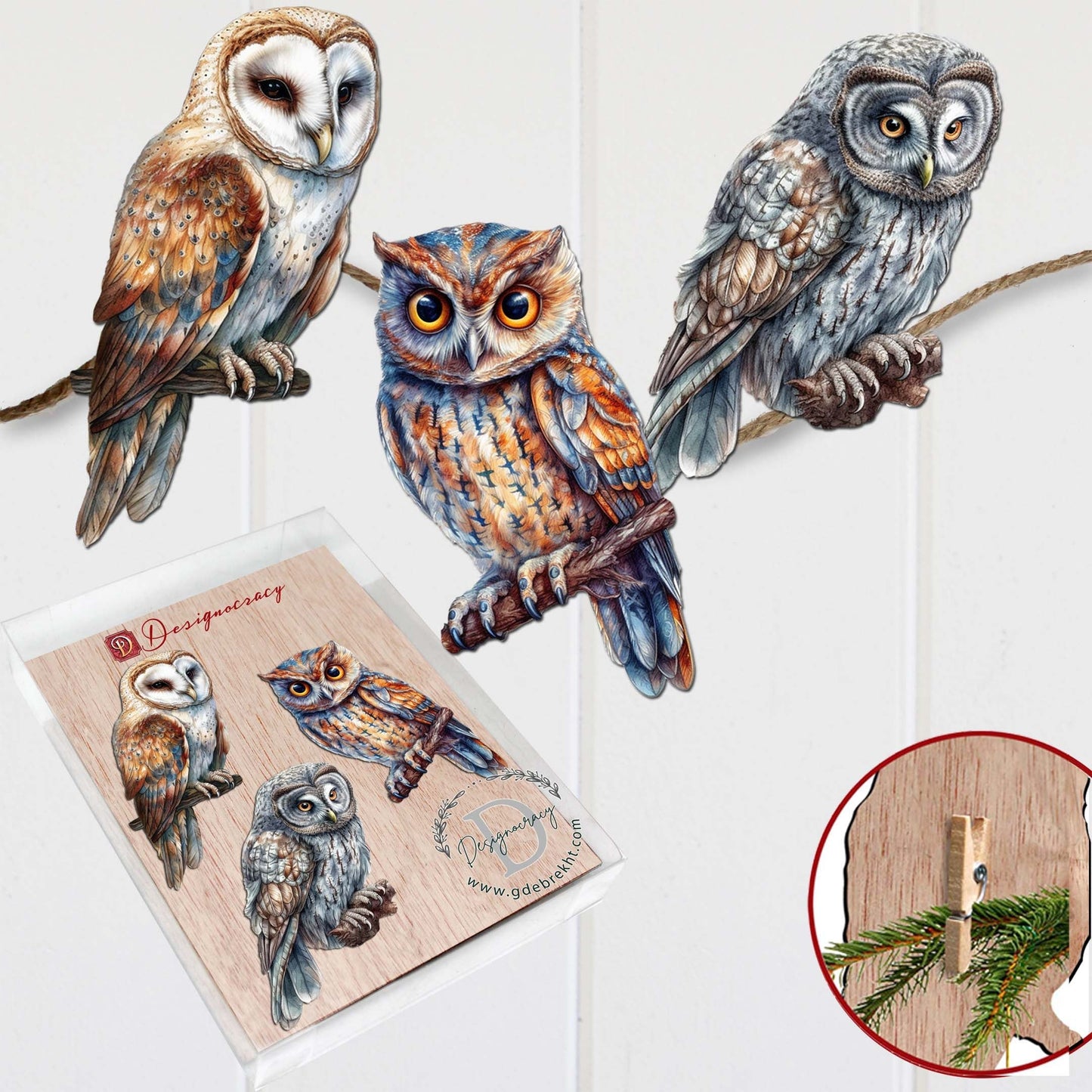 Night Owls Decorative Wooden Clip-on Ornaments Set of 3 by G. Debrekht - Wildlife Decor - 8091004C-S3